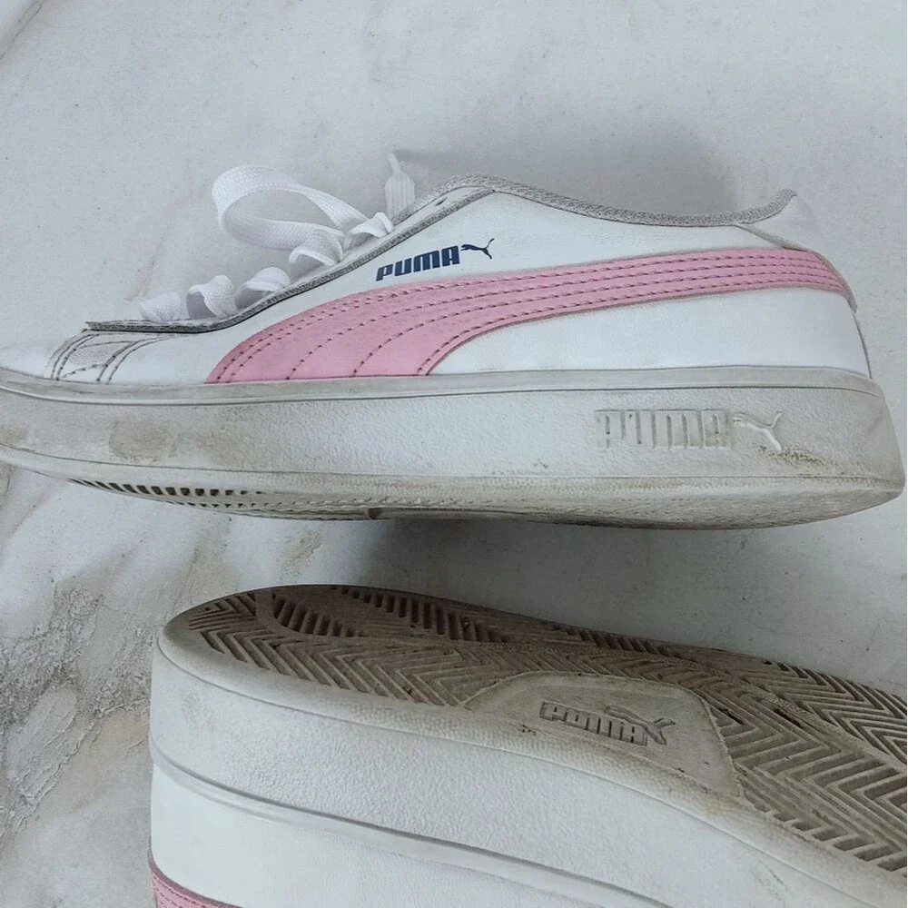 Puma Girls' Kids' Smash V2 L White Pink Low Sneakers Tennis Shoes, Sz 3C